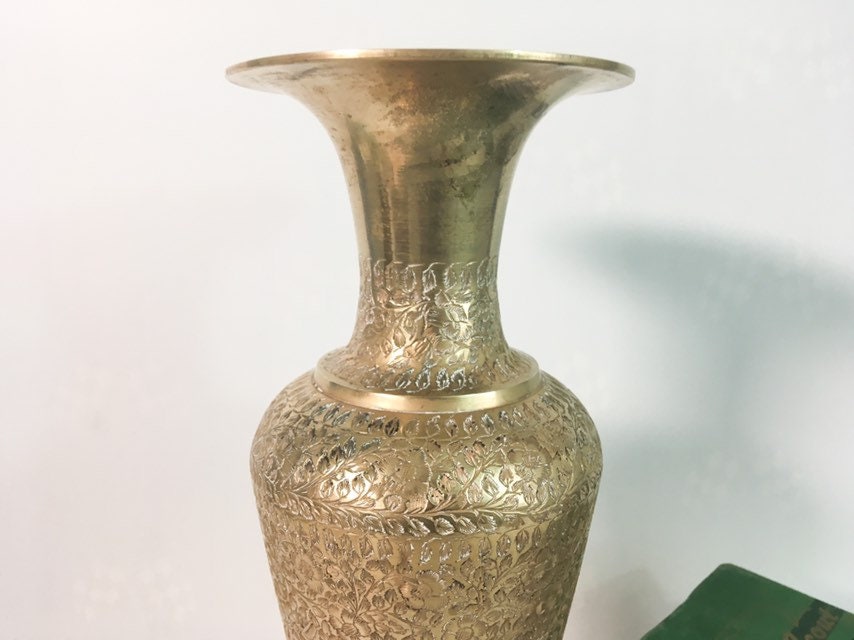 Vintage Tall Brass Vase With Embossed Floral / Leaf Design Heavy