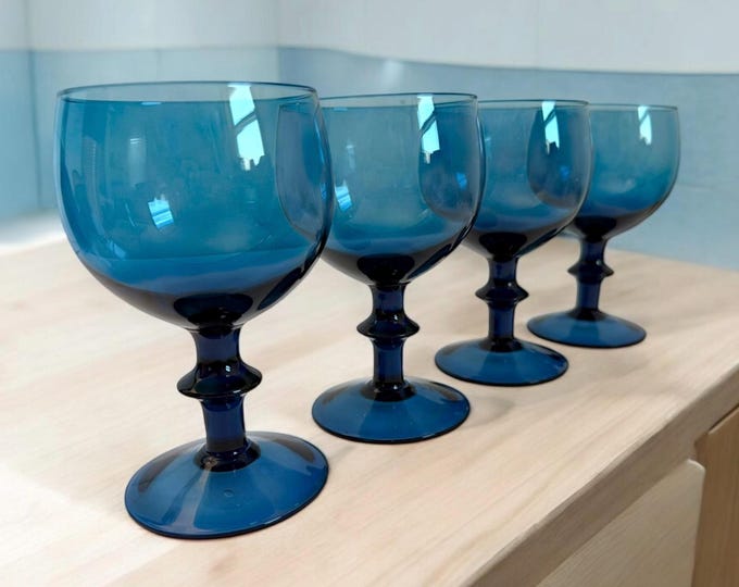 Vintage Set 4 Provincial Peacock Blue by Colony Water Goblets Glasses - Drinkware Stemware 1960s - Four Tall Wafer on Stem - Dinner Parties