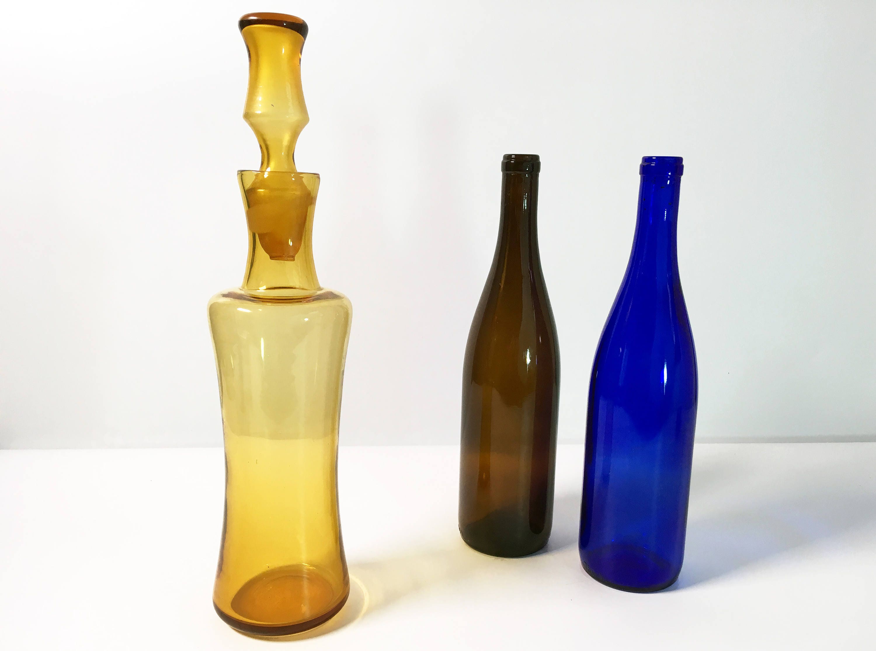 Amber Colored Vintage Glass Decanter Bottle with Tall Unique Stopper Retro Art Glass Mid