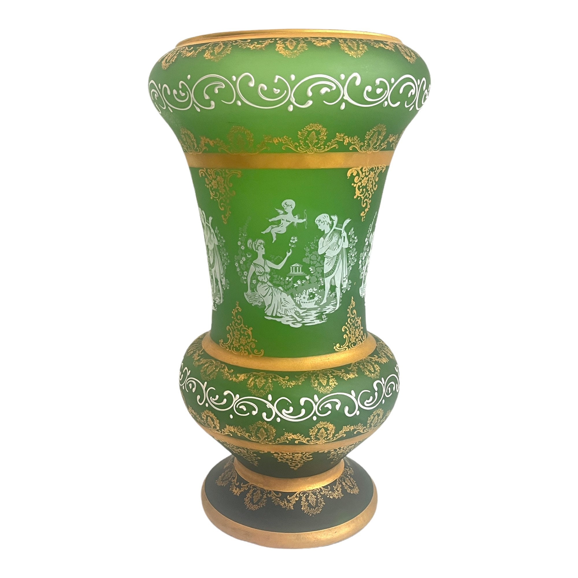 Extra Large Art Glass Vase Vintage Green Painted Glass Vase w/ Gold