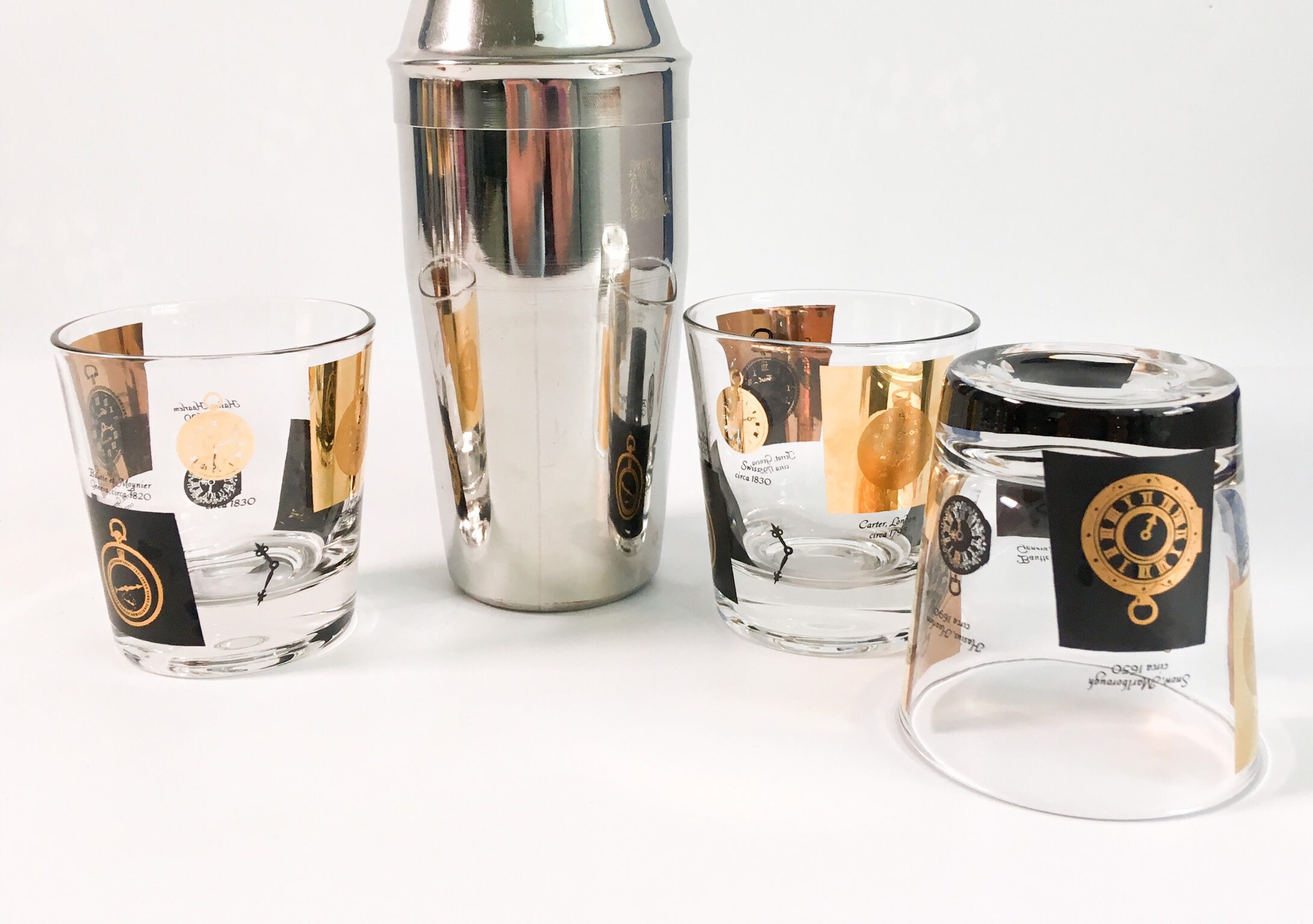 Set of 3 Mid century Rocks Glasses Black & Gold w/ Clocks Vintage