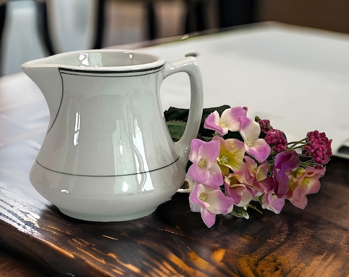 Vintage Jackson China Pitcher P J1 - Vintage White w/ Green Line Trim - Small Jug w/ Handle - Retro Kitchen Home Decor