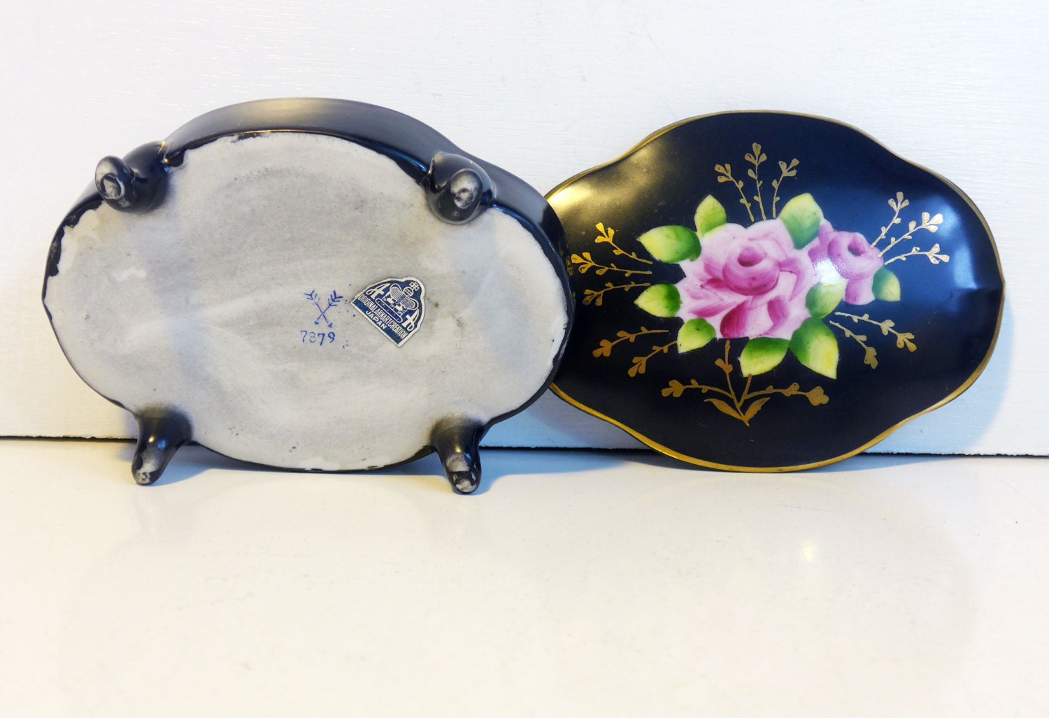 Vintage Porcelain Hand painted Trinket Box Black w/ Roses & Gold Trim