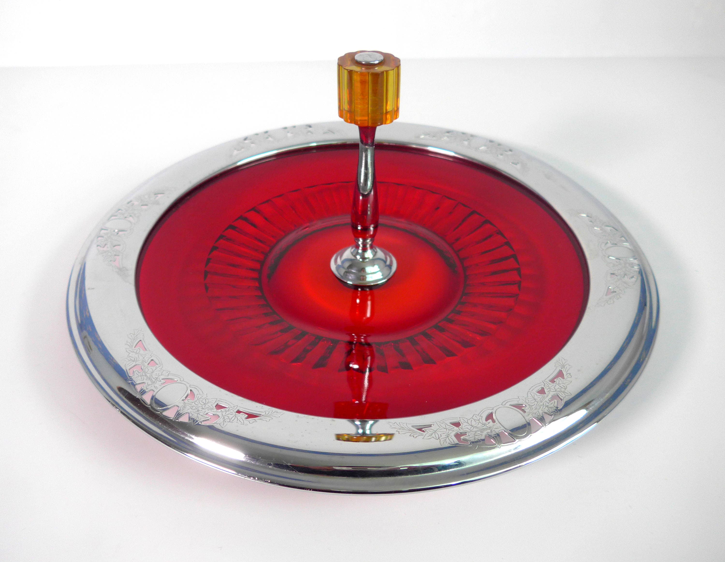 Vintage Red Glass Serving Tray w/ Amber Bakelite Knob / Handle & Cut