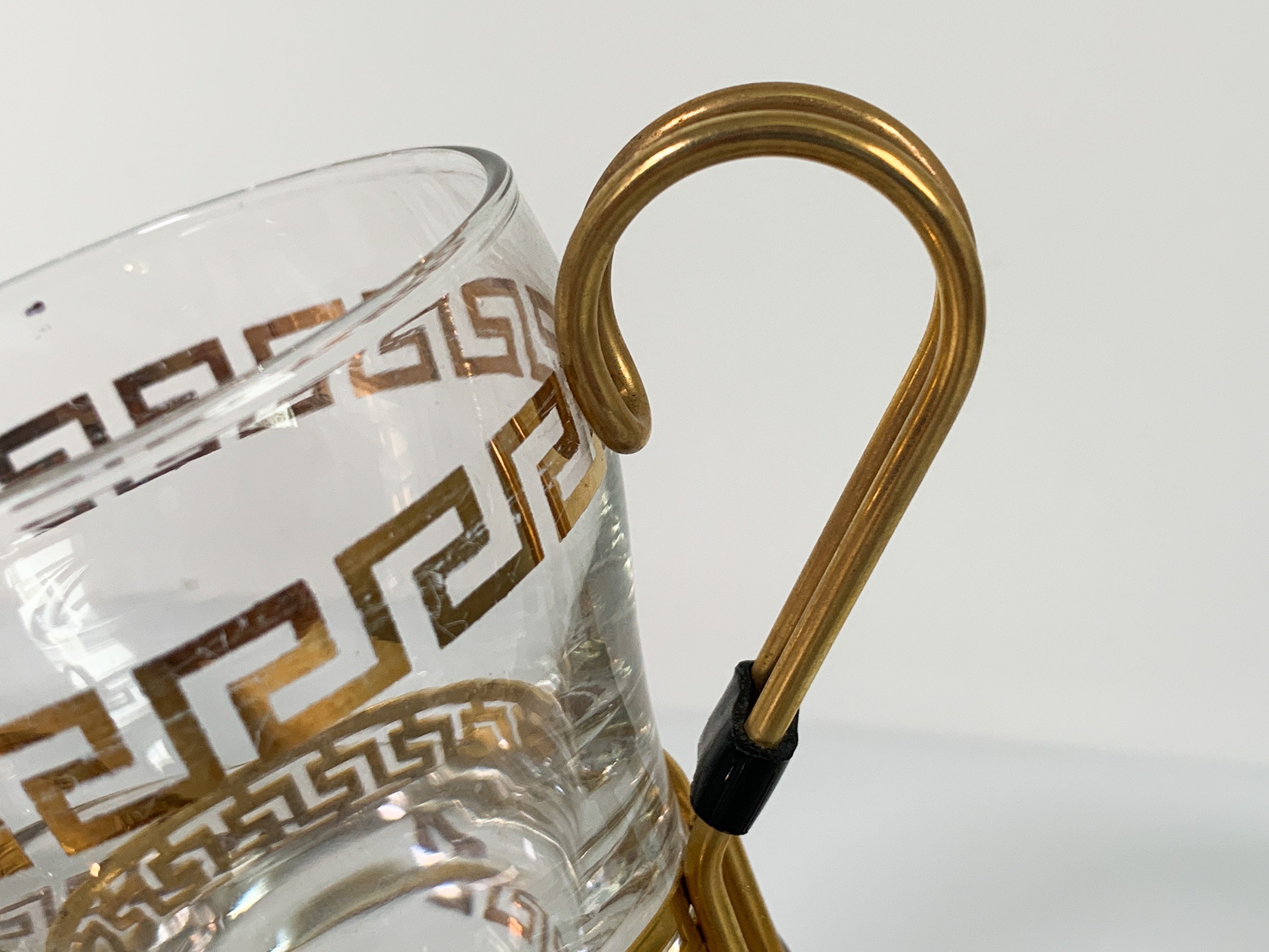 Vintage Set 6 Greek Key Coffee Cups w/ Metal Handles Six Glass Retro