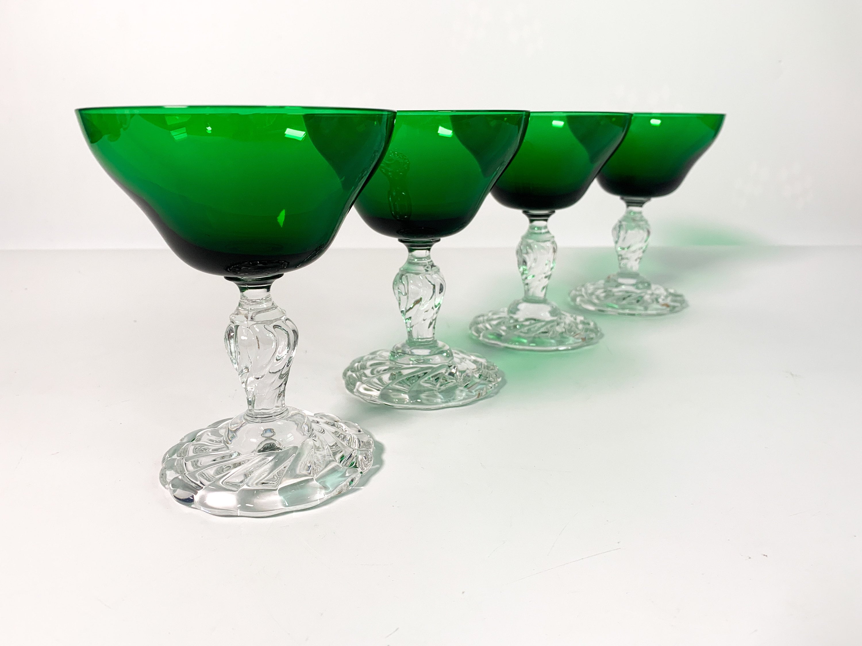 Set of 4 Colonial Dame Green by Fostoria Champagne or Tall Dessert Glasses Emerald Green Bowl