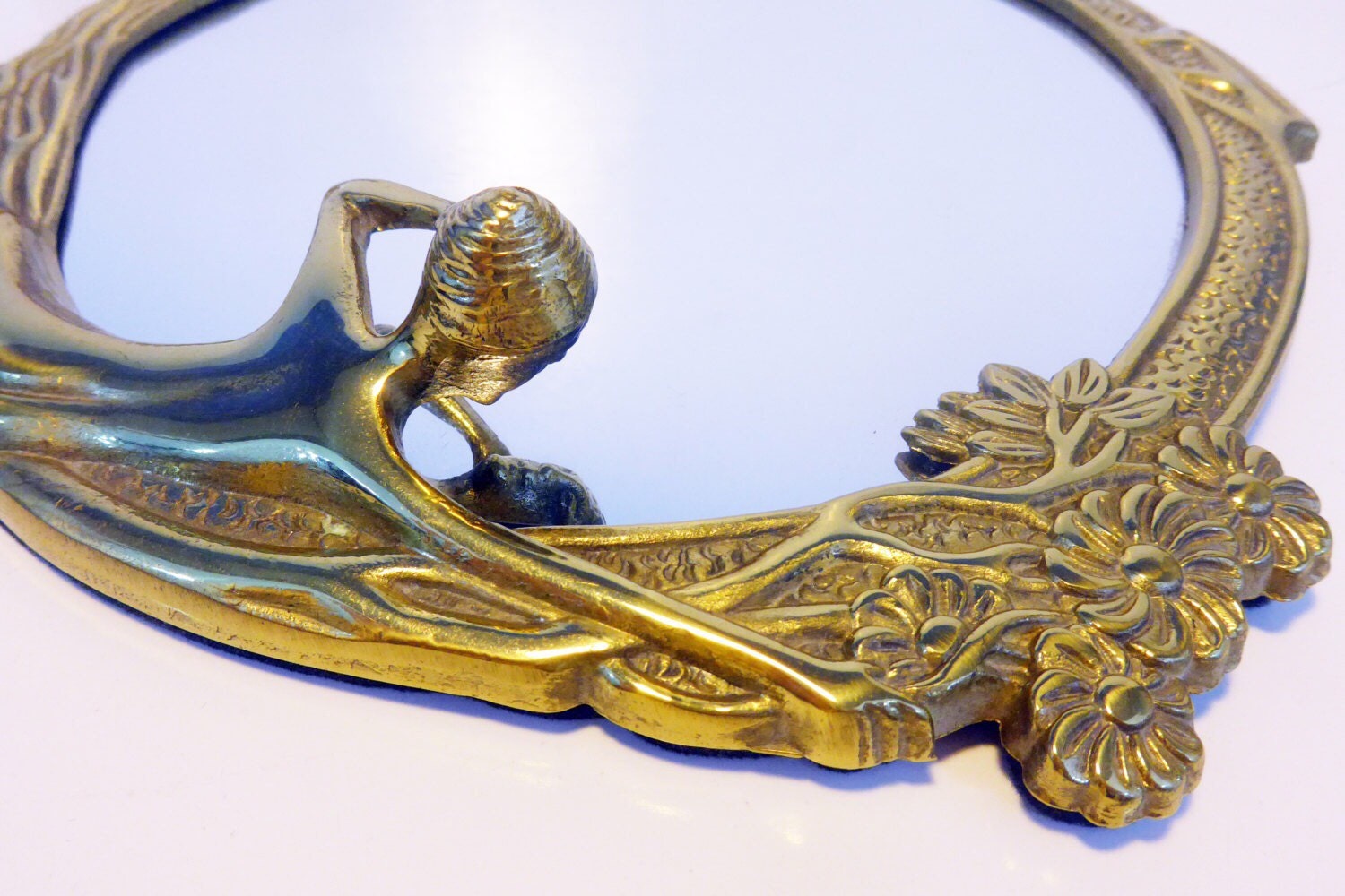 Vintage Reproduction Art Deco Brass Mirror - Round Retro Table Mirror w/ Stand - Nude Woman