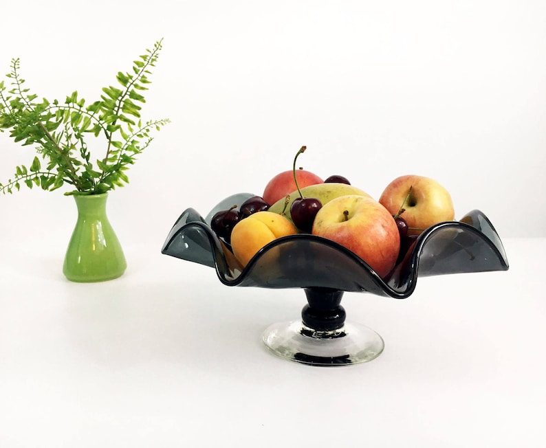 Ruffle Edges Decorative Glassware Vintage Smokey Grey Glass Compote Candy Dish Mid Century Modern Home Decor Large Gray Pedestal Bowl