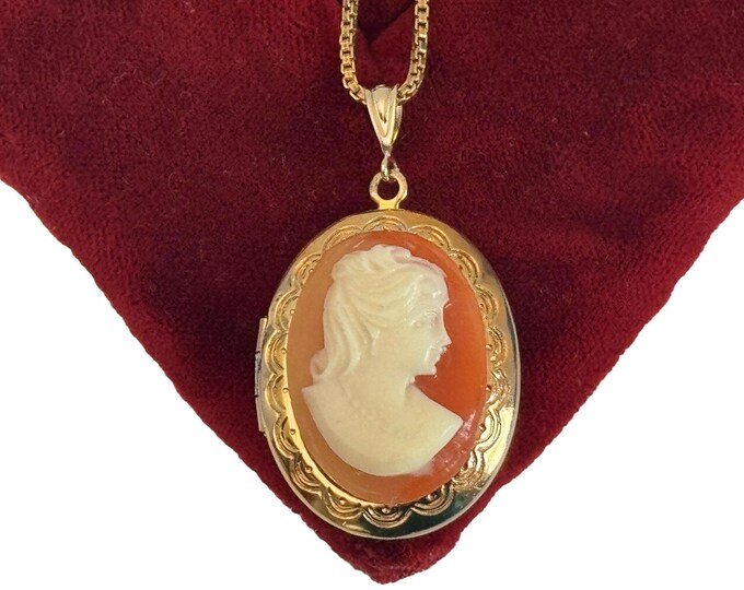 Vintage Cameo Locket on 14K Gold Filled Chain Necklace Mother - Oval Pendant on Long Box Link 14K GF Chain - Gift Woman Girl - 2 Photo Wells