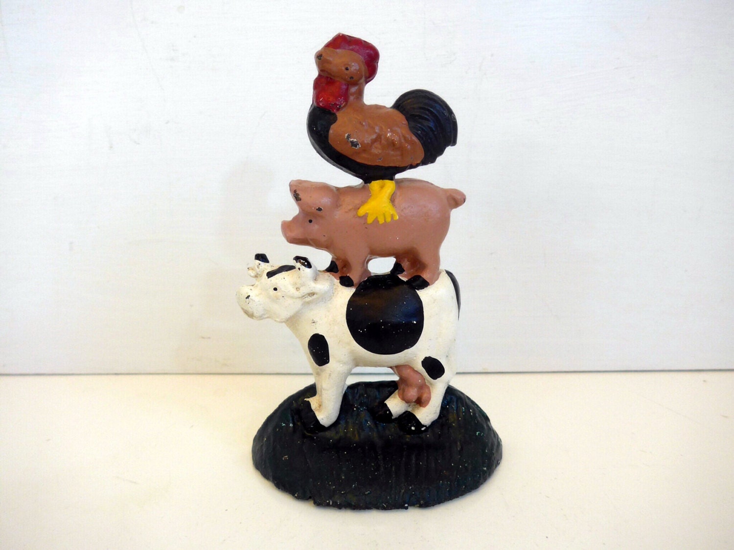 Vintage Cast Iron Doorstop Farm Animals Stacked Cow Pig Rooster Heavy