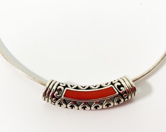 Vintage Sterling Silver Pendant Necklace Choker - Hallmark Retro 1980s Silver Tube Slide w/ Red Inlay & Openwork 925 Omega Twisted Coil