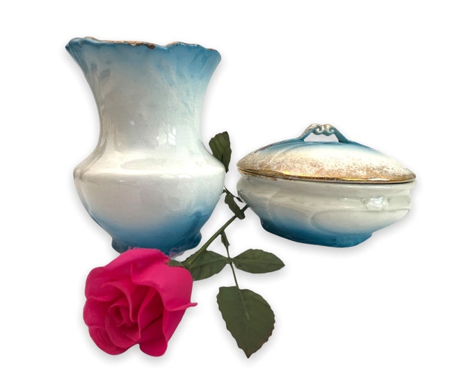 Antique Sebring Porcelain Bathroom Toothbrush Holder & Lidded Soap Jar - Blue White Gold Spatter Bedroom Decor ca Late 1800s