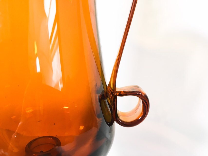 Mid Century Dark Amber / Brown Art Glass Pitcher Swung Stretch Glass