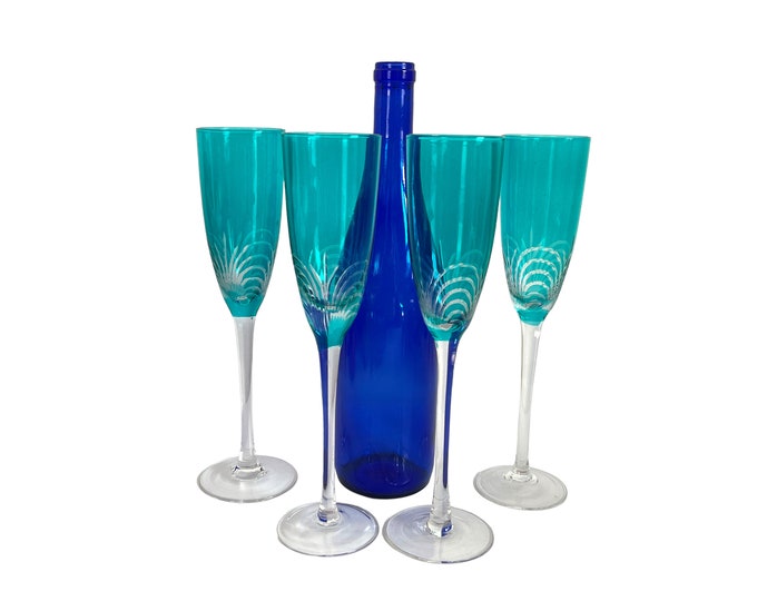 4 Aqua Blue Champagne Flutes Glasses  w/ Etched  & Clear Stems - Teal  Drinkware Stemware - Set of Four Vintage Glassware