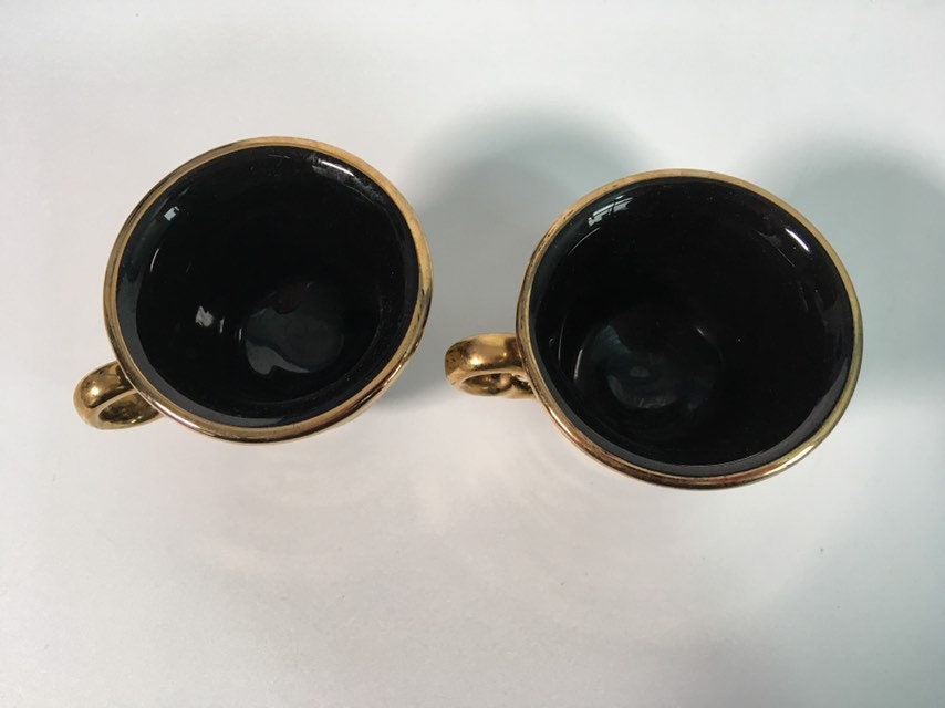 2 Vintage Demitasse Cups & Saucers 24K Gold on Black Greek Retro Pair