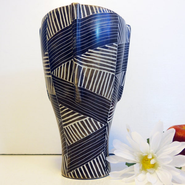 Vintage or Antique Art Deco Black & White Geometric HEAVY HEAVY Vase - Stiped Vase Retro Home Decor Stripes Unique Shape and Design