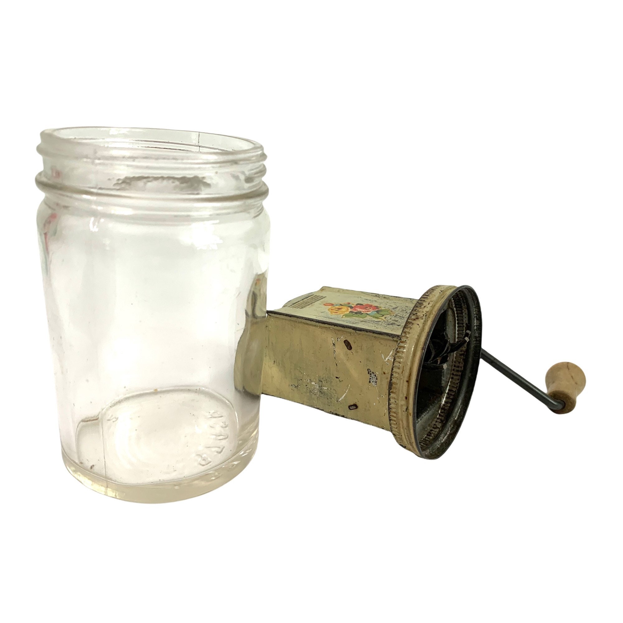 Antique Spice Grinder w/ Wooden Handle Flower Decal w/ Light Green