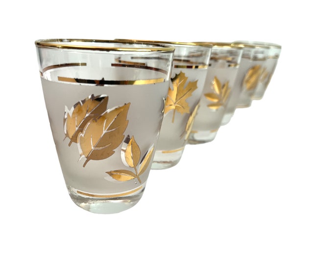 6 Vintage Libbey Golden Foliage Flat Juice Glasses - Retro Six Mad Men Era Mid Century Drinkware - MCM drinkware barware Gold Leaves Frosted