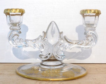 Vintage New Martinsville Teardrop Glass Double Candlestick Holder Circa 1940s with Gold Trim and Gold Leaves - Glass and Gold Candleobera
