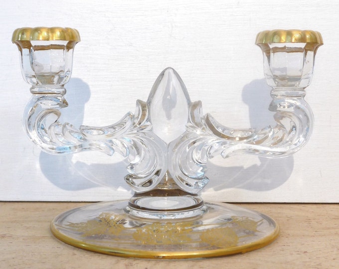 Vintage New Martinsville Teardrop Glass Double Candlestick Holder Circa 1940s with Gold Trim and Gold Leaves - Glass and Gold Candleobera