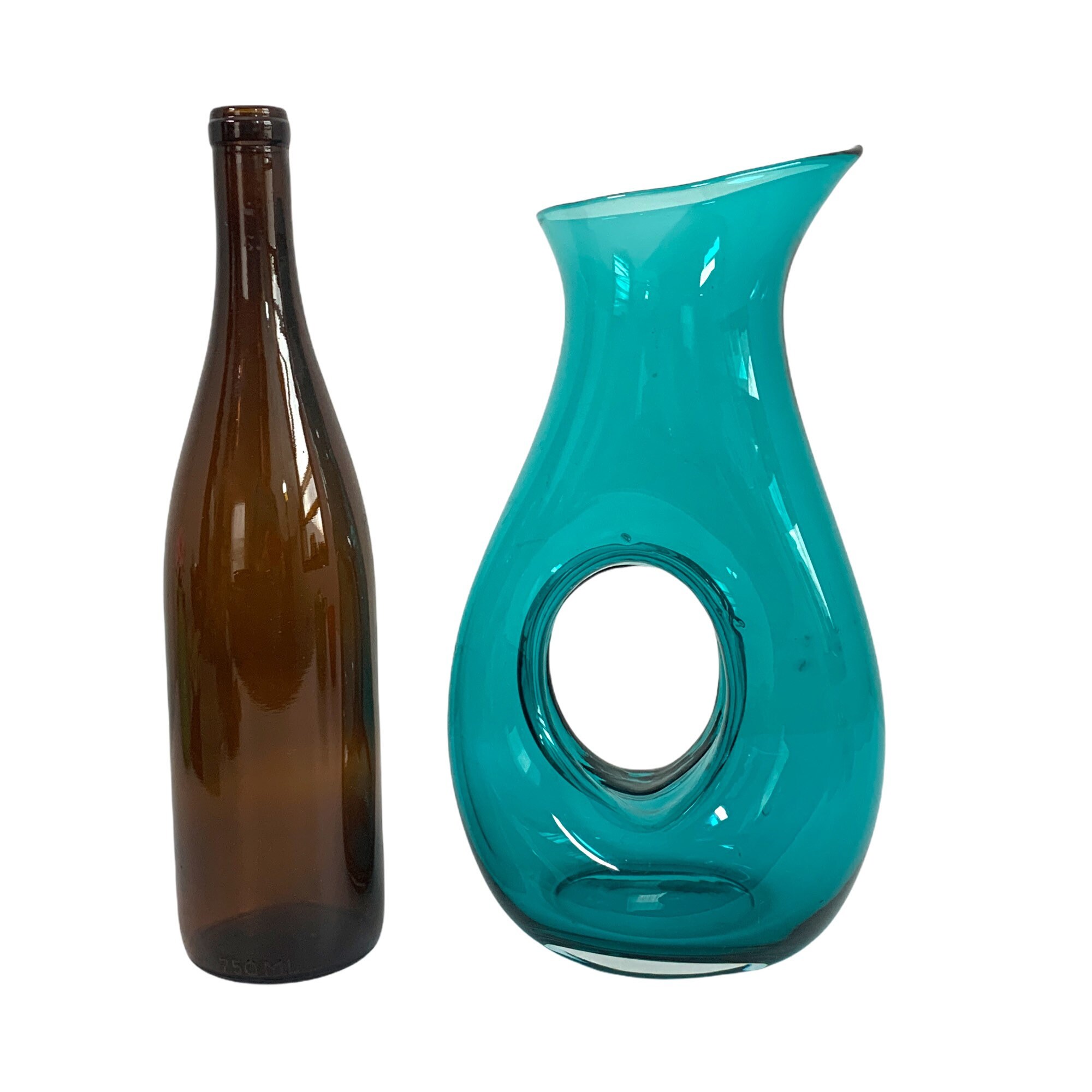 Vintage Bormioli Style Mod Aqua Blue Glass Carafe Hole in Center