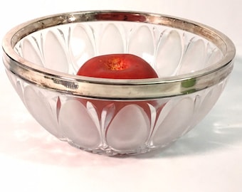 Vintage Oneida Lead Crystal Bowl W/ Frosted Oval Petals - Sticker Still Intact - Retro Glass Bowl W/ Silver Plate Rim ca 1960