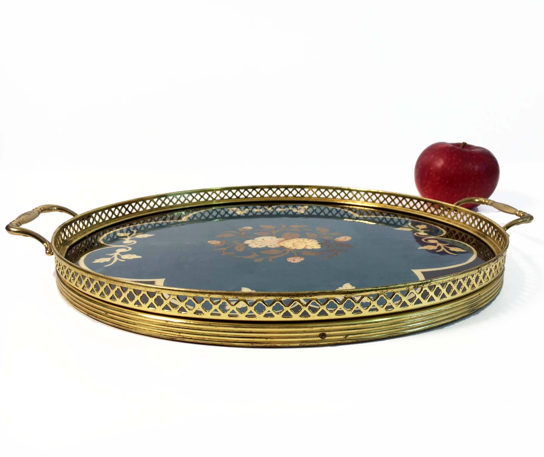 Vintage Wood Flower Floral Inlay Round Serving Tray Italy Inlaid Wood