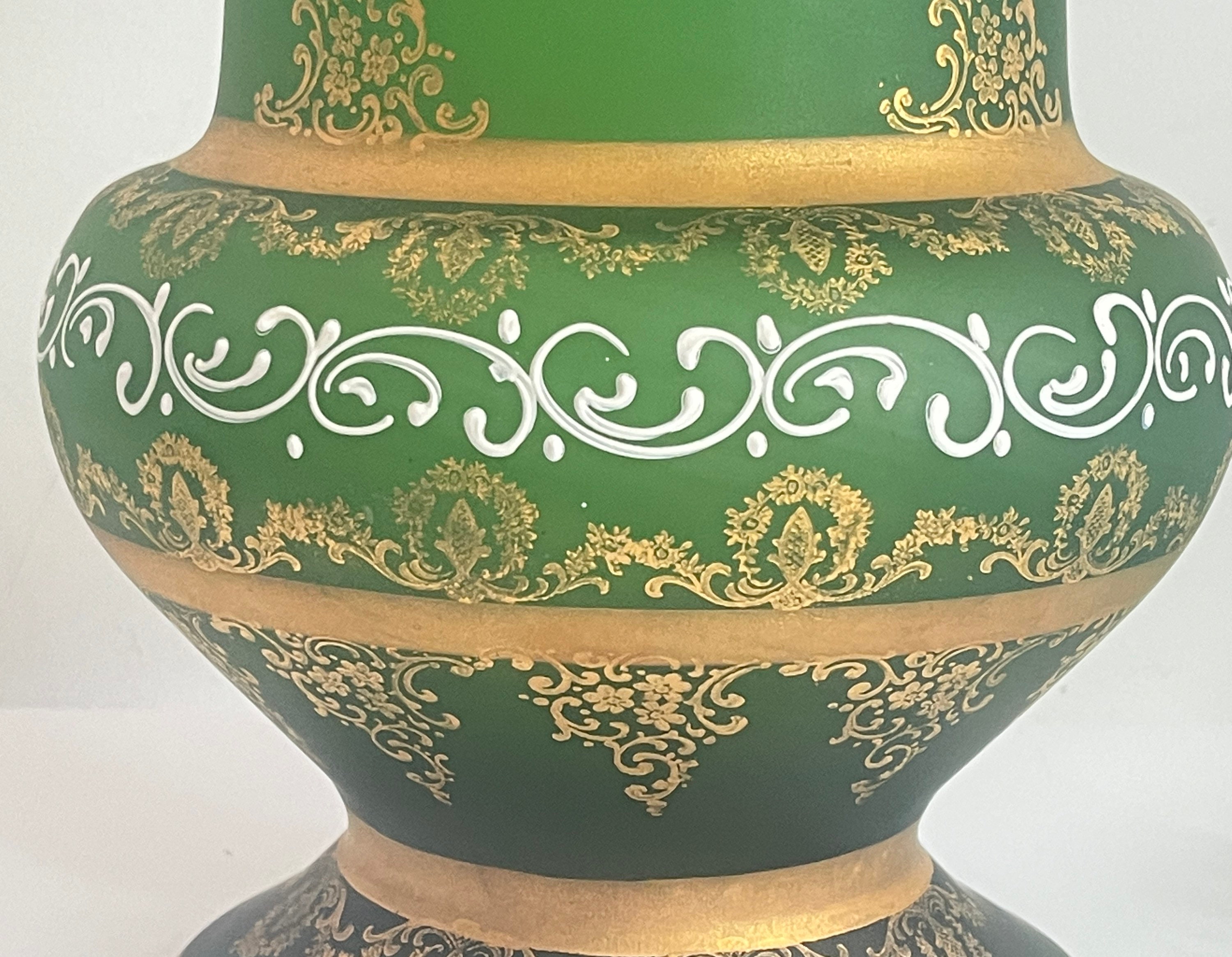 Extra Large Art Glass Vase Vintage Green Painted Glass Vase w/ Gold