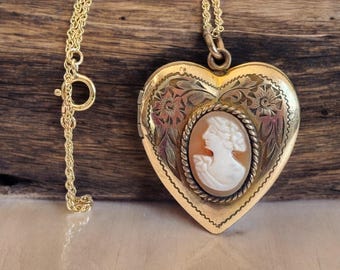 Vintage Gold Filled Cameo Heart Locket: 14K GF Chain, Pendant, 2 Photo Wells