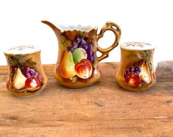 Lefton Salt Pepper Creamer - No NE20592 & NE2760 Collectible Vintage Ceramic Kitchen Serving Dining Display 3 Pc Set w/ Fruit Motif on Tan