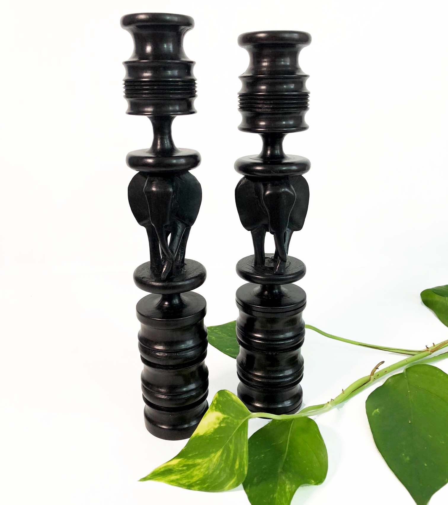 Vintage Ebony Candlestick Holders Set of 2 Pair of Dark Solid Wood