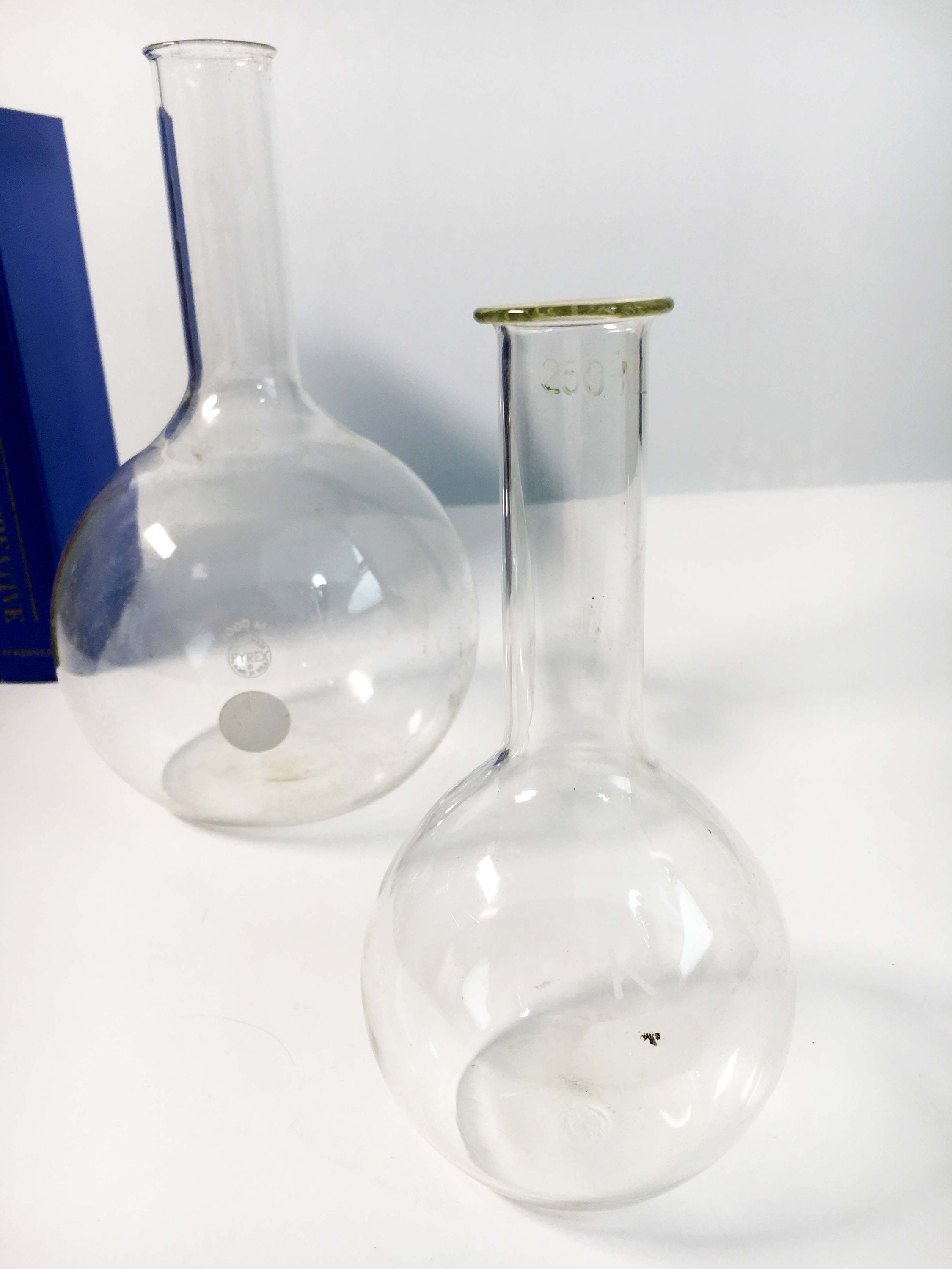 Vintage Pyrex and Kimax Chemistry Lab Scientific Glass Flat Bottom Long