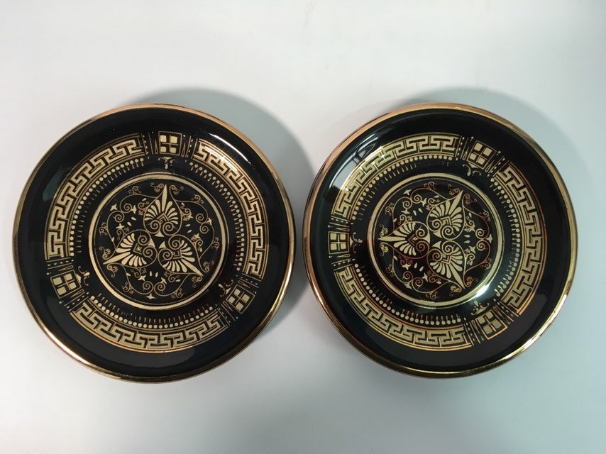 2 Vintage Demitasse Cups & Saucers 24K Gold on Black Greek Retro Pair