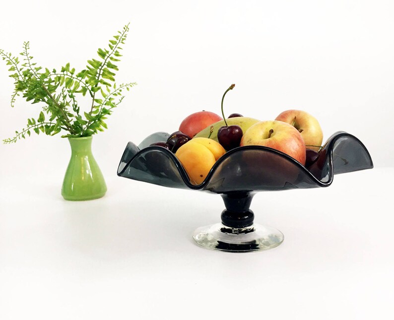 Ruffle Edges Decorative Glassware Vintage Smokey Grey Glass Compote Candy Dish Mid Century Modern Home Decor Large Gray Pedestal Bowl