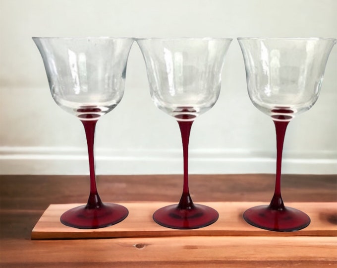3 Vintage Cristal D'Arques Durand Americana Ruby Red Stem Wine Glasses France - Three Clear Wide Bowl Set - Retro Luminarc Stemware