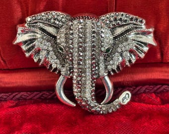 Vintage Elephant Converter Brooch - LARGE w/ Marcasite Stones & Green Eyes - Retro Pin Gaudy Statement Mid Century Jewelry