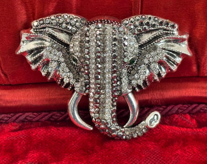 Vintage Elephant Converter Brooch - LARGE w/ Marcasite Stones & Green Eyes - Retro Pin Gaudy Statement Mid Century Jewelry