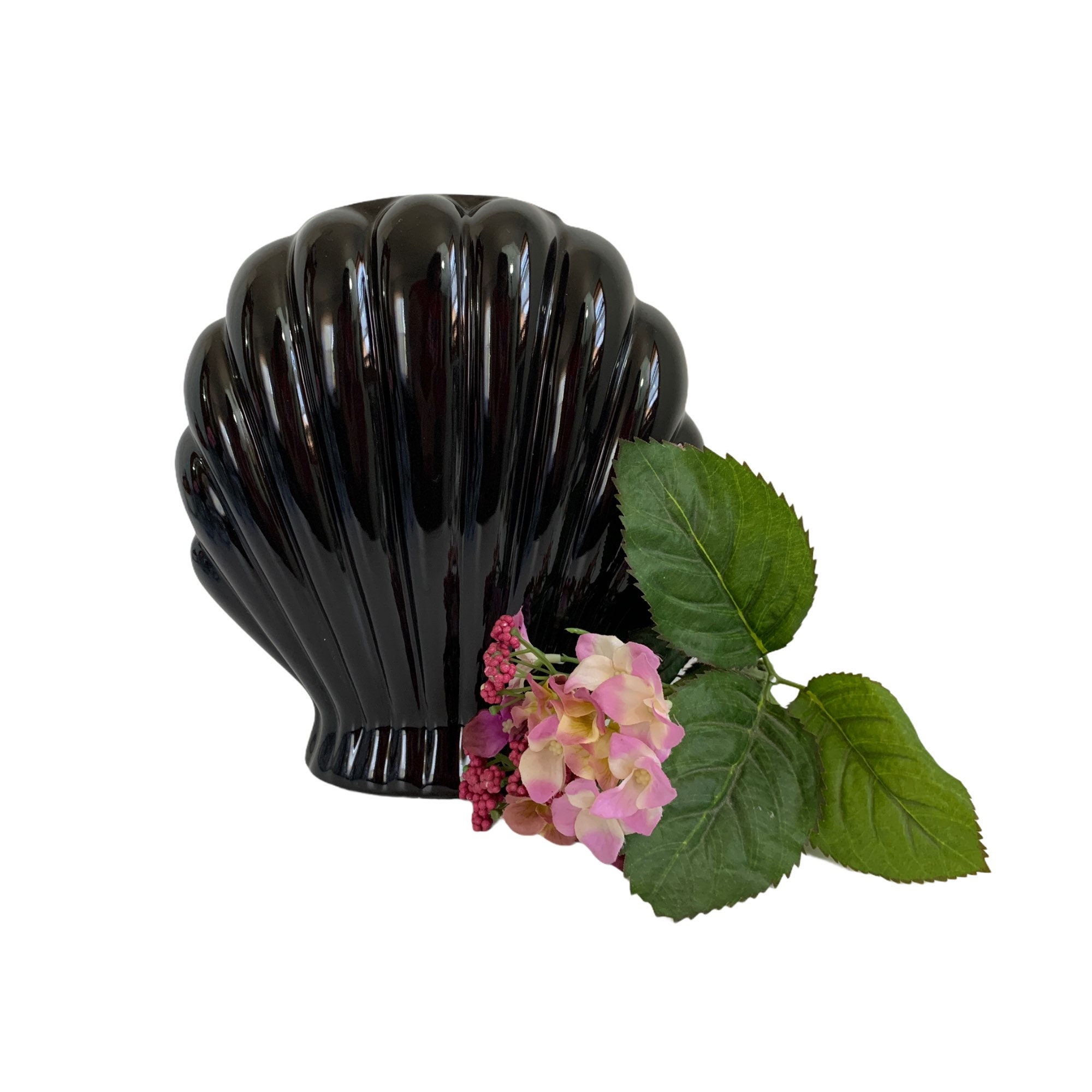Vintage Black Ceramic Vase Mid century Retro Clam Shell Shape Pottery