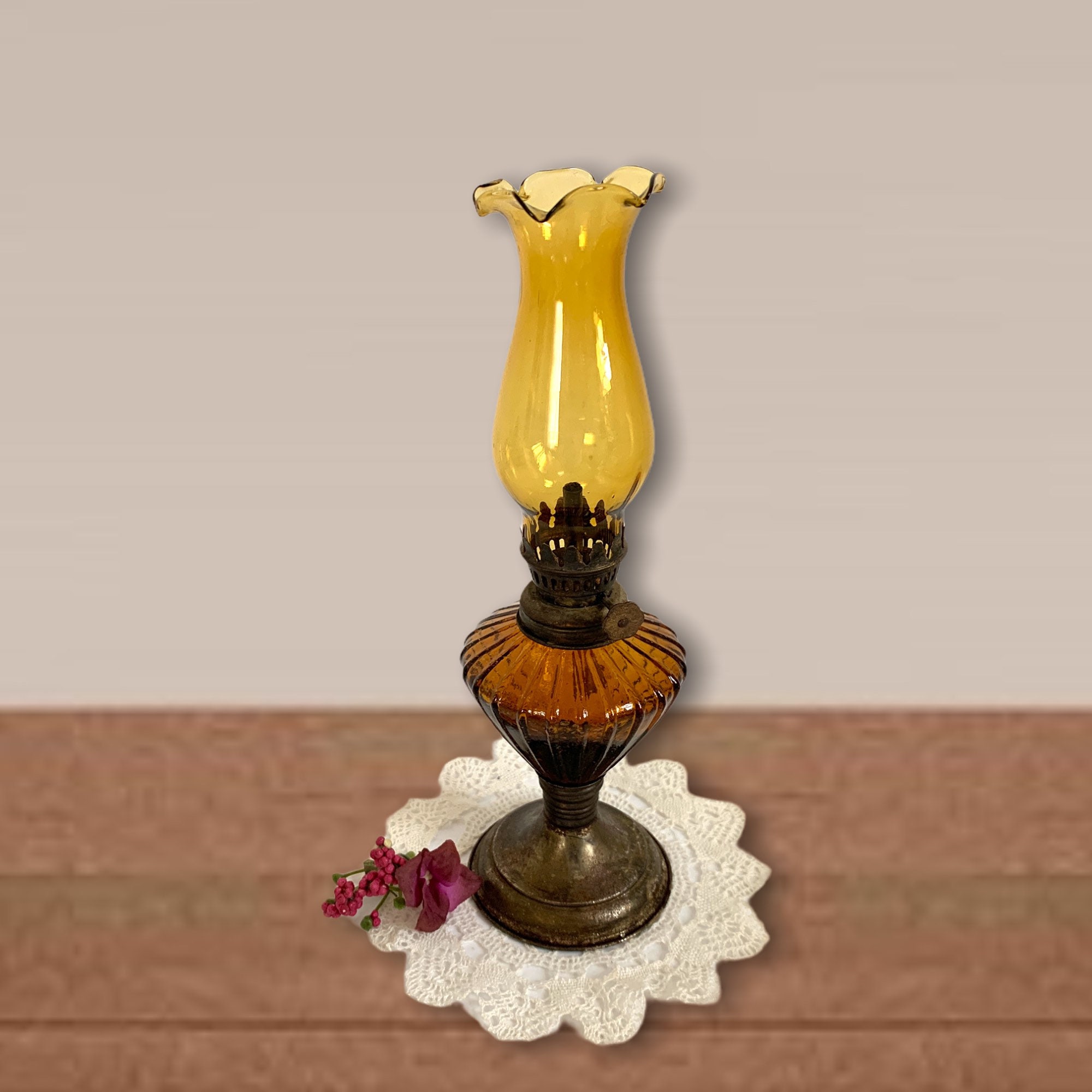 Vintage Amber Glass & Brass Small Hurricane Lamp Antique Kerosene