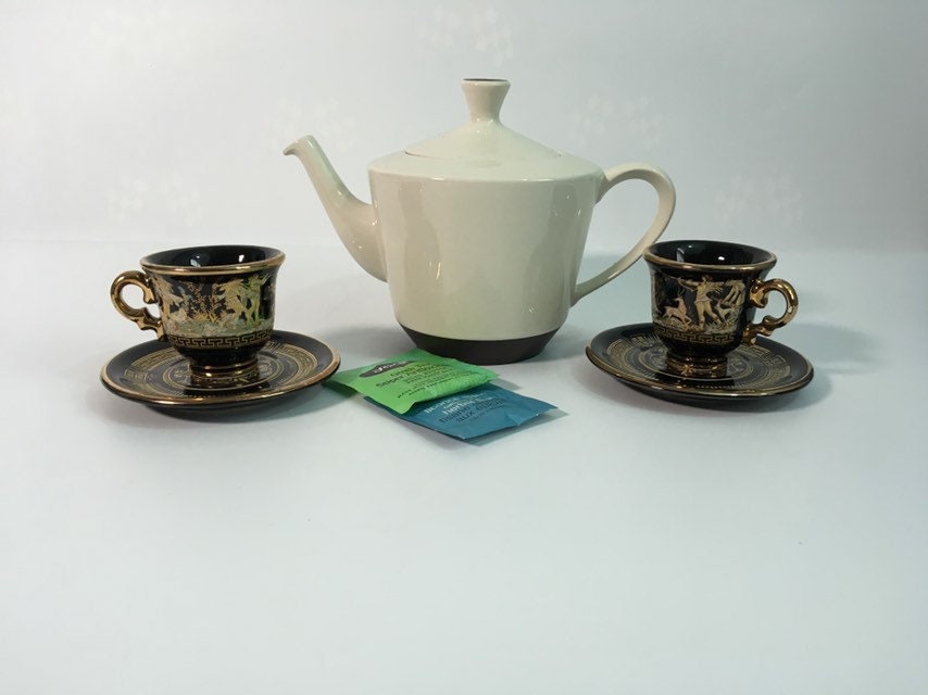 2 Vintage Demitasse Cups & Saucers 24K Gold on Black Greek Retro Pair