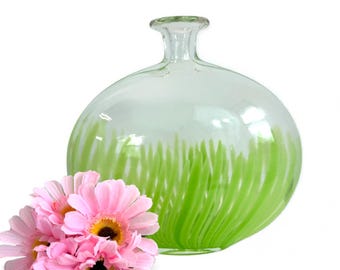 Vintage Green Art Glass Vase -  Abstract Wide  Oval Vase Retro Bottle