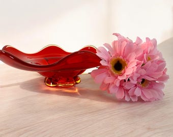 Vintage Amberina Art Glass Candle Holder - Red Yellow Ombre Mid Century Candleholder