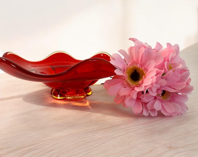 Vintage Amberina Art Glass Candle Holder - Red Yellow Ombre Mid Century Candleholder