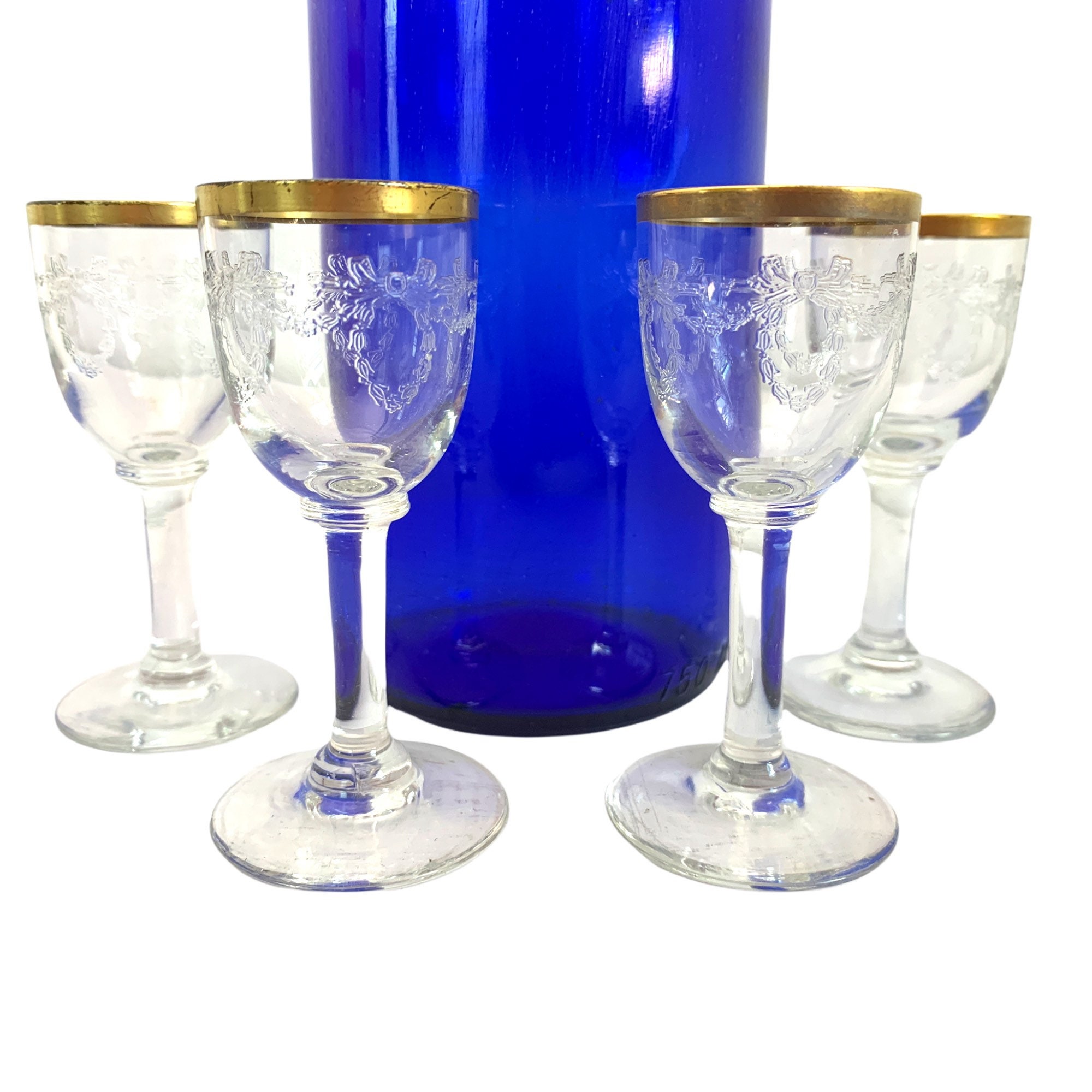 4 Vintage Gold Rimmed Cordial / Liquor Glasses w/ Garland & Bow