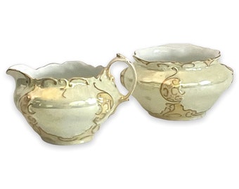 Vintage Crown BRC Molliere Germany Creamer and Sugar Bowl Set - Cream Yellow & Gold Accent Trim Fine China Antique Serving Signed ANF