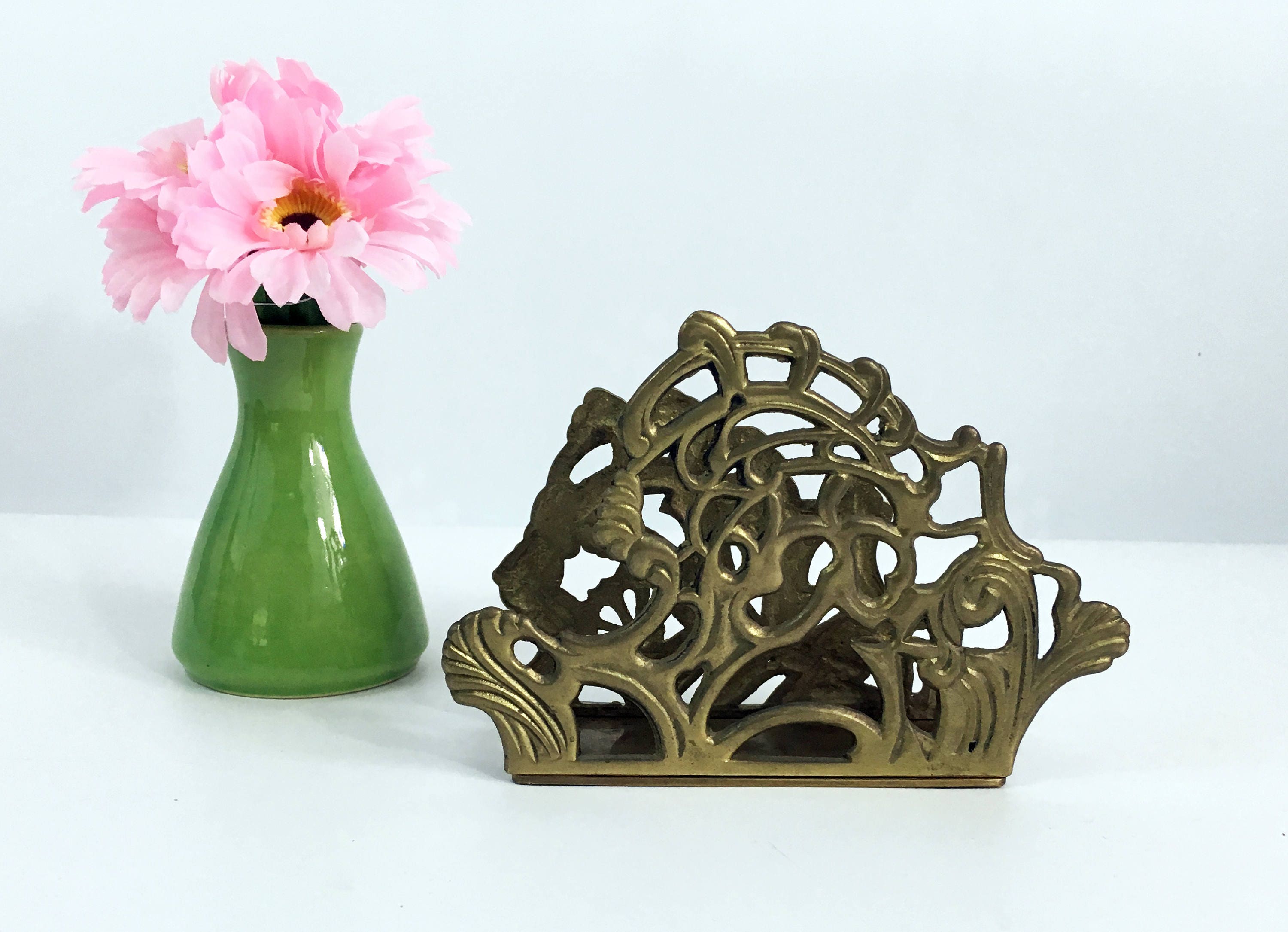 Vintage Solid Brass Napkin Holder Ornate Heavy Brass Napkin Holder or