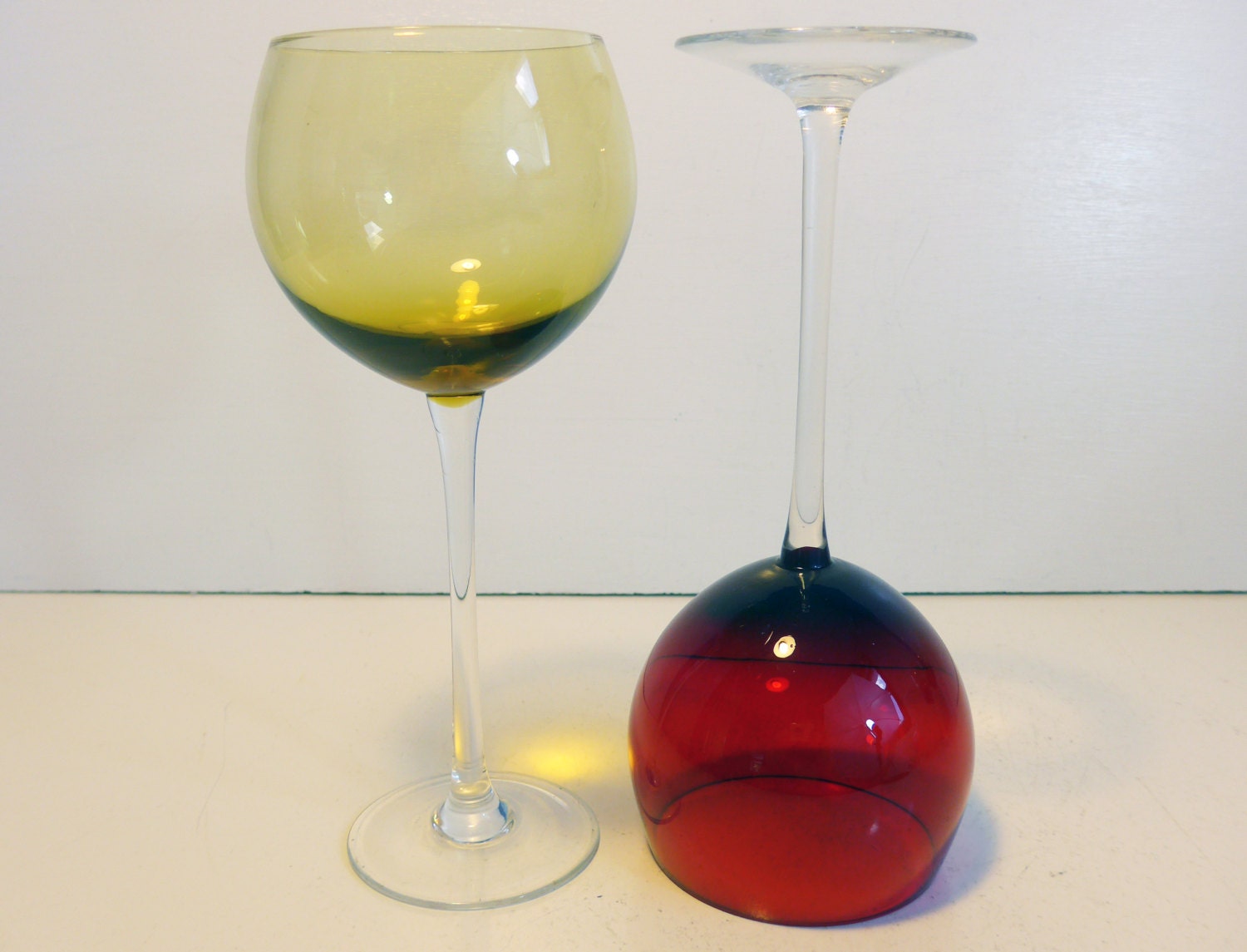 Vintage Set of 6 Tall Amber and Red Wine Glasses Clear Stem Round Glass
