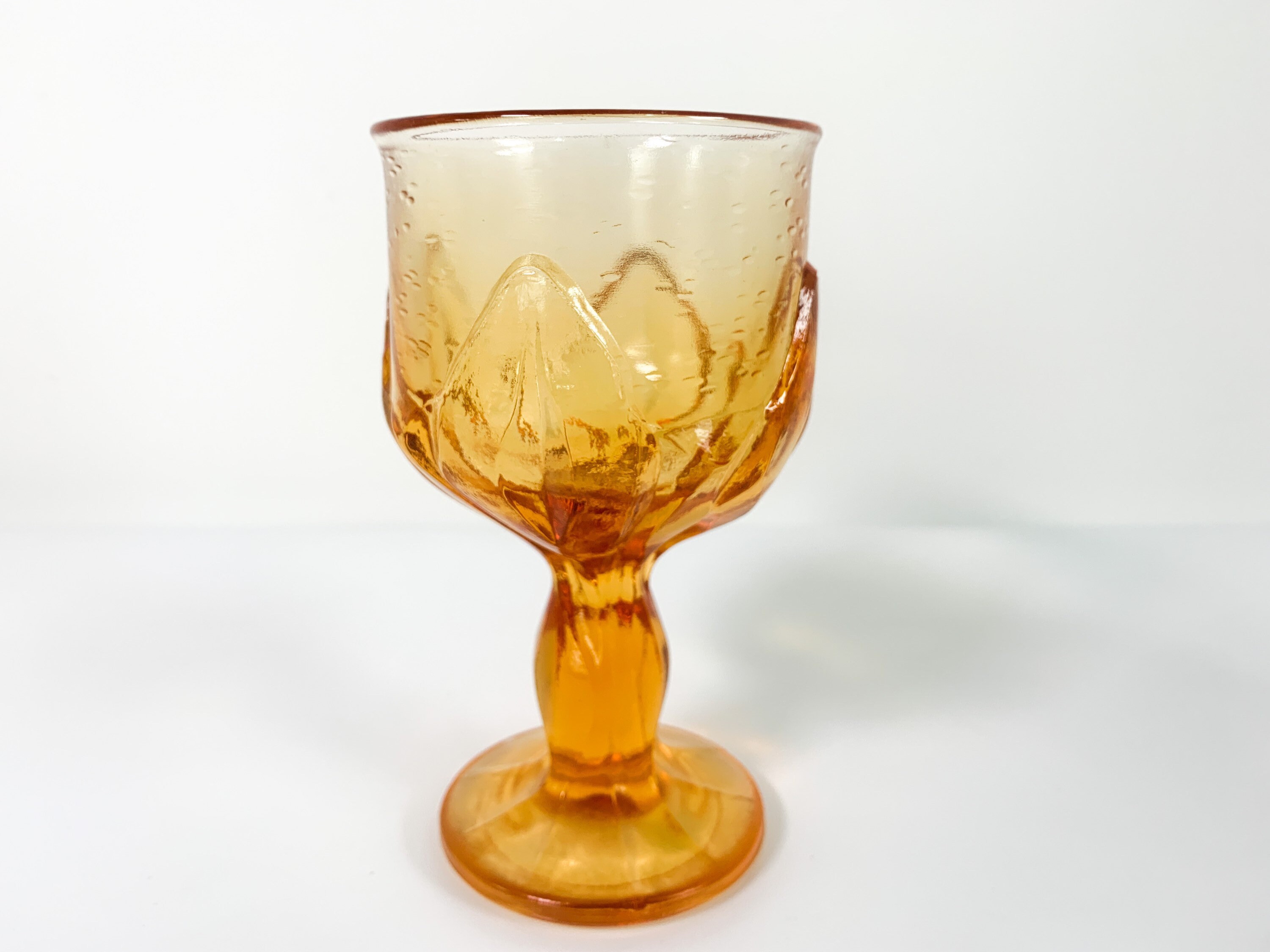 Pair Heavy Amber Vintage Pressed Glass Water Goblets w/ Petal Design