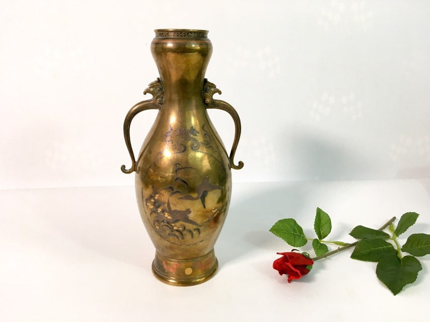 Tri Color Vintage Brass Vase w/ Eagle Handles Asian Floal Bird Motif