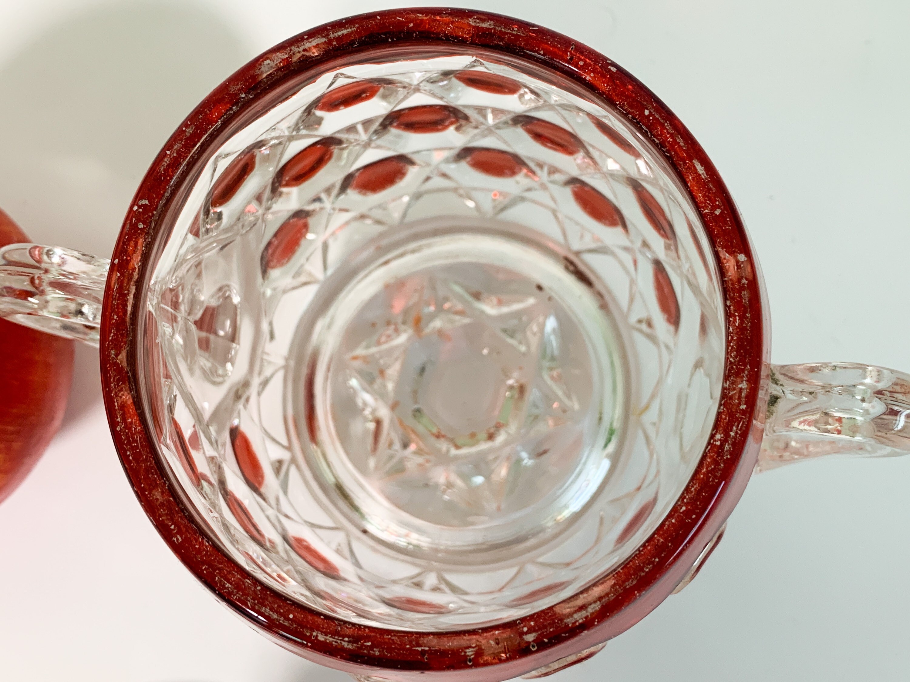 Antique Red Block Jar & Lid by US Glass Vintage Flashed Glass Round